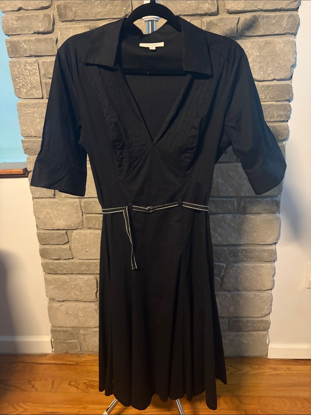 Dress Barn Black V-Neck Retro-Inspired Midi Dress with Contrasting Waist Tie S 8